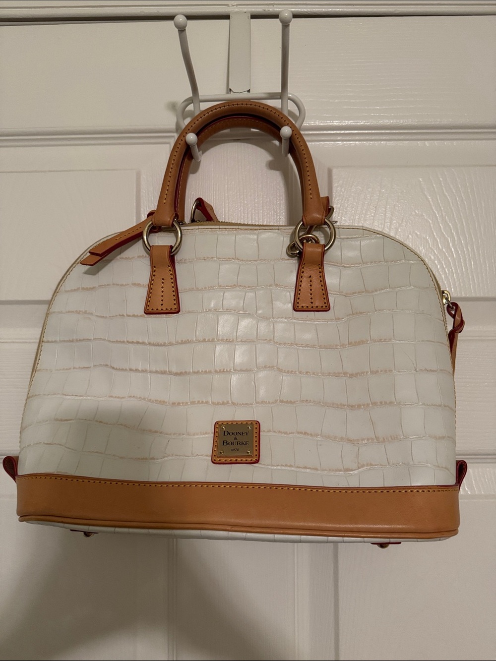 Dooney & Bourke White Croc-Embossed Satchel with Tan Trim and Handles